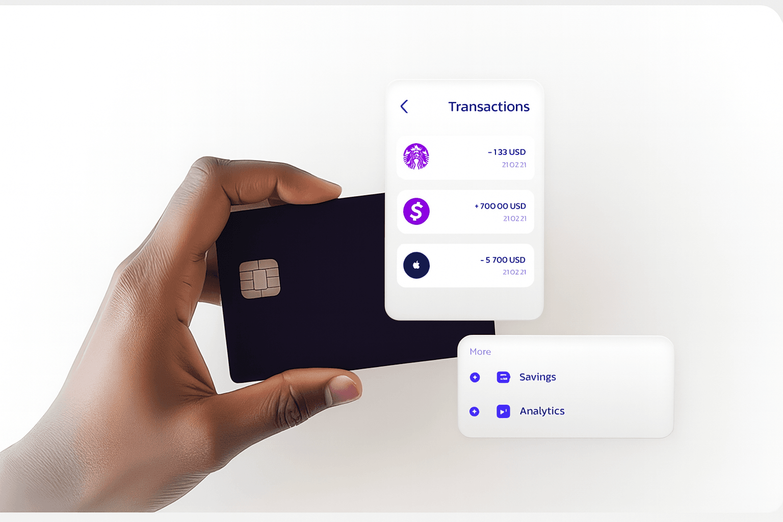 Hand holding a payment card with UI overlays